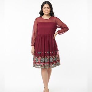 Entro Burgundy Floral Long Sleeve Dress